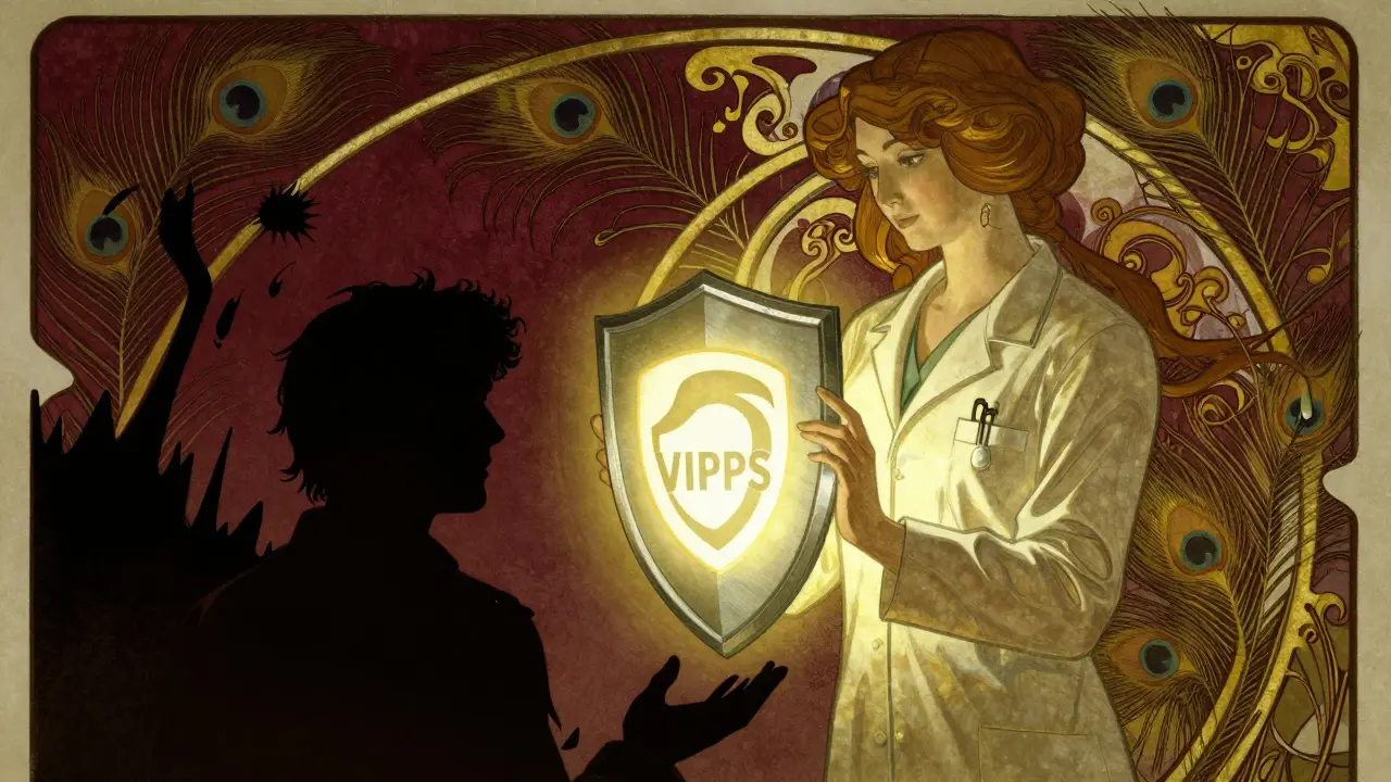 Stylized pharmacist holding a protective shield against fake medicine shadows