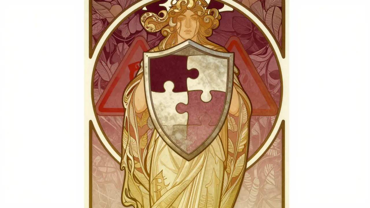 Symbolic guardian figure protecting health with a stylized shield