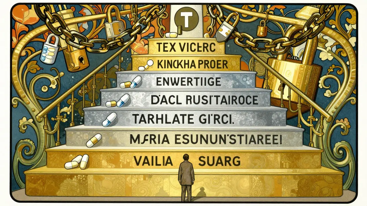 Tiered medication costs depicted as an ornate staircase in Art Nouveau style