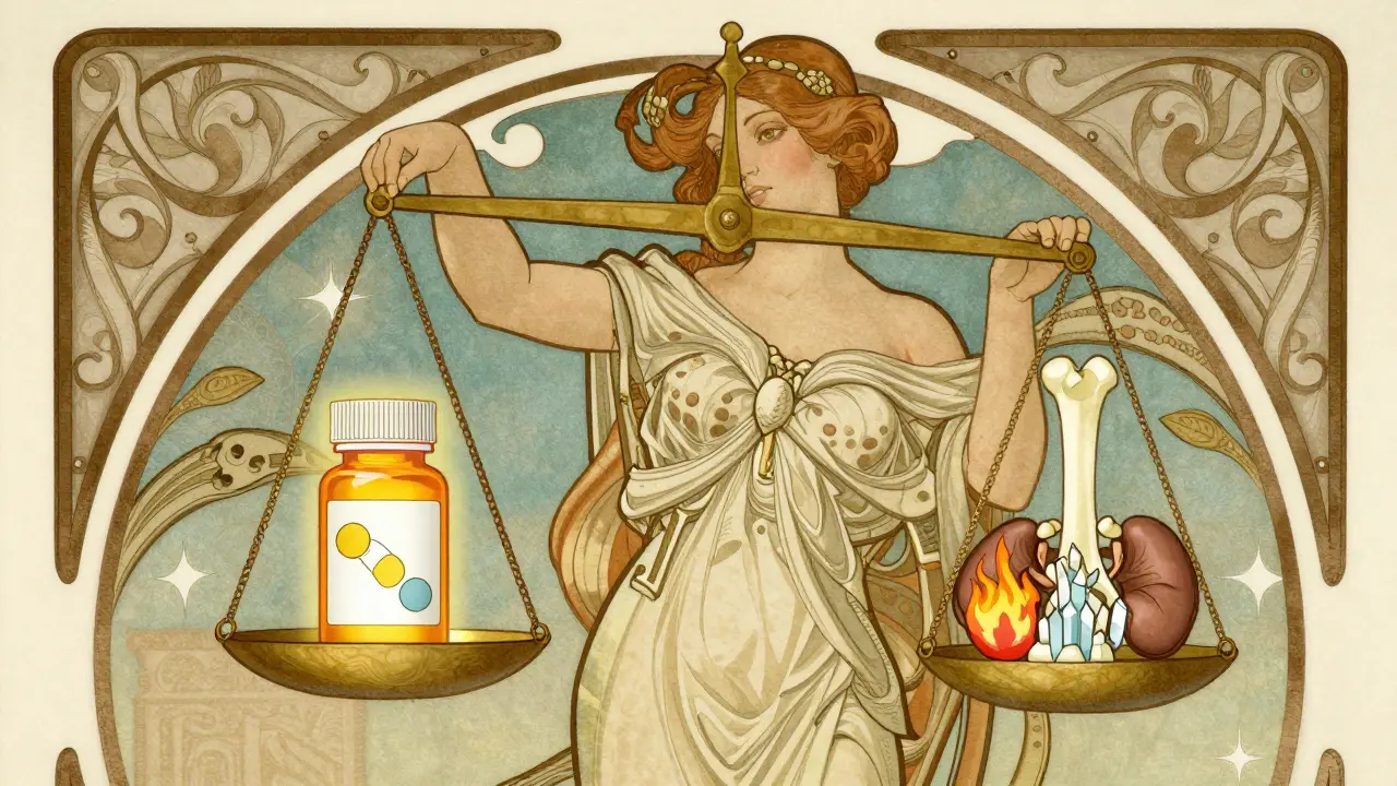 Allegorical figure balancing steroid benefits and risks in vintage art