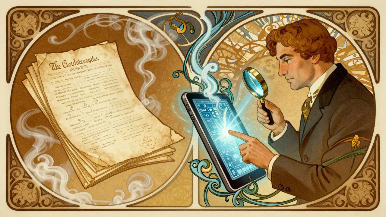 Art Nouveau design contrasting paper records and digital tablets with flowing data vines.