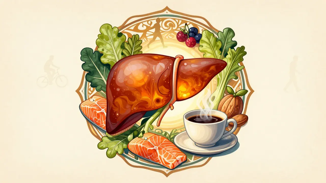 Art Nouveau design showing healthy liver with nutritious foods