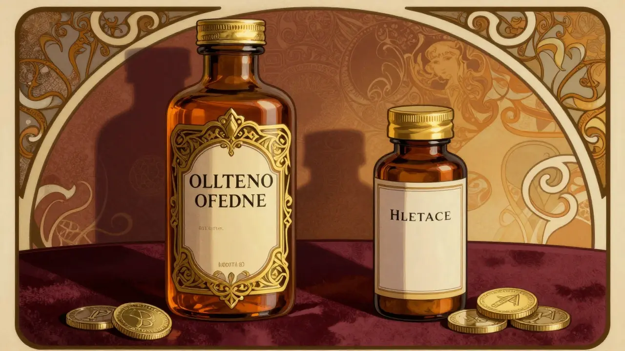 Art Nouveau illustration comparing expensive brand pills with affordable generics