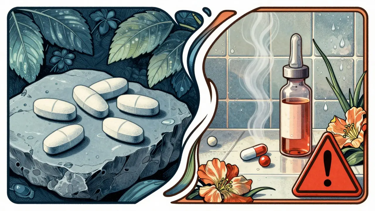 Art Nouveau illustration contrasting stable pills with degrading liquids in humidity
