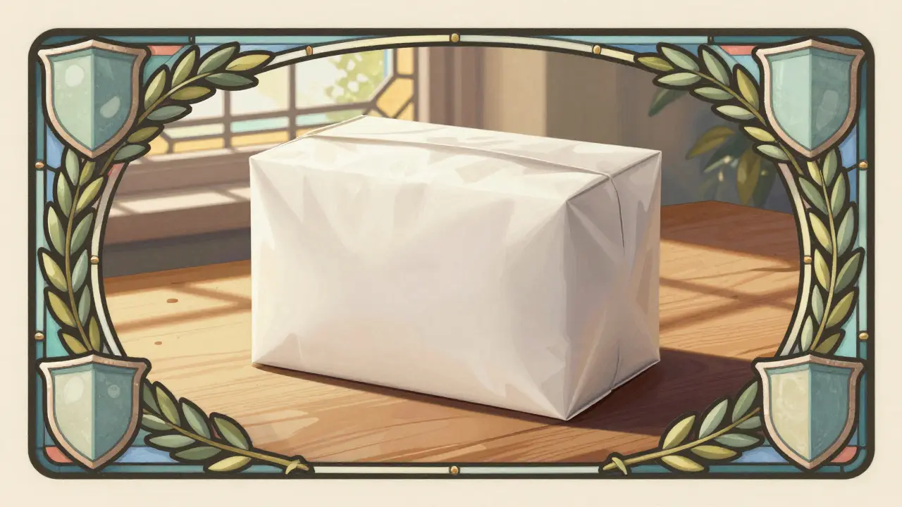 Discreet medication package surrounded by protective laurel wreaths