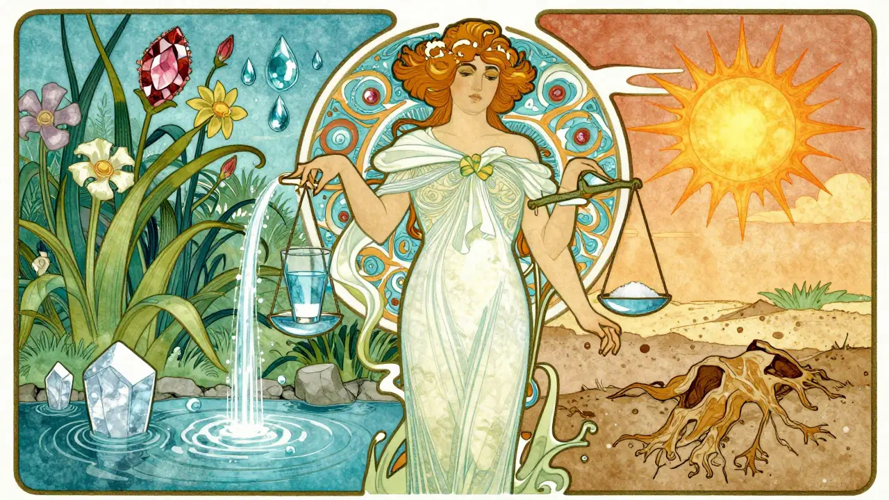Figure balancing water and salt gems illustrating hydration importance