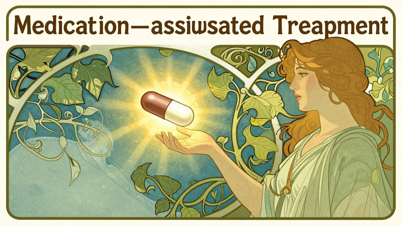 Figure reaching for glowing medication amidst healing vines