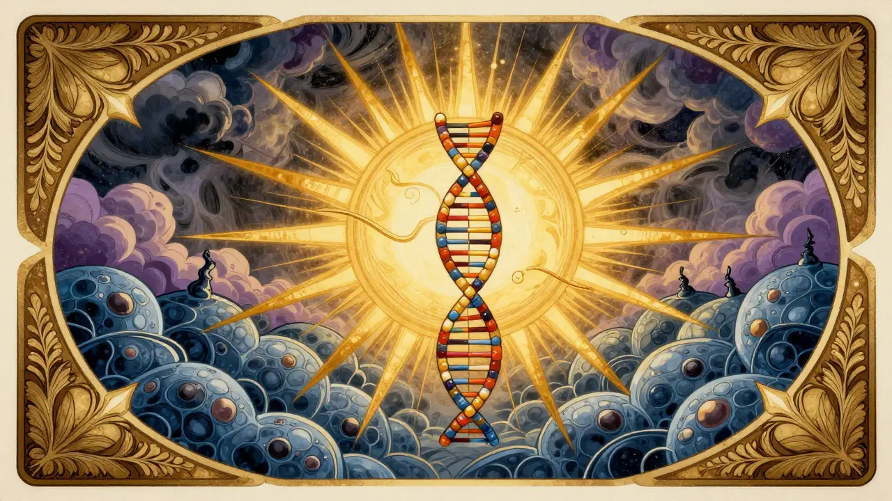 Golden light calming cellular inflammation in Art Nouveau style