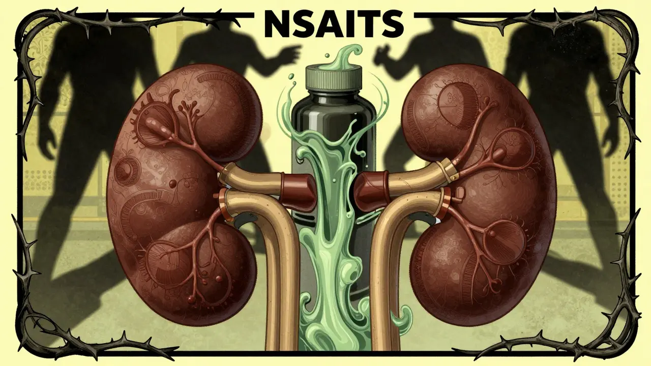 Ornate kidneys with clogged pipes showing NSAID interaction risks