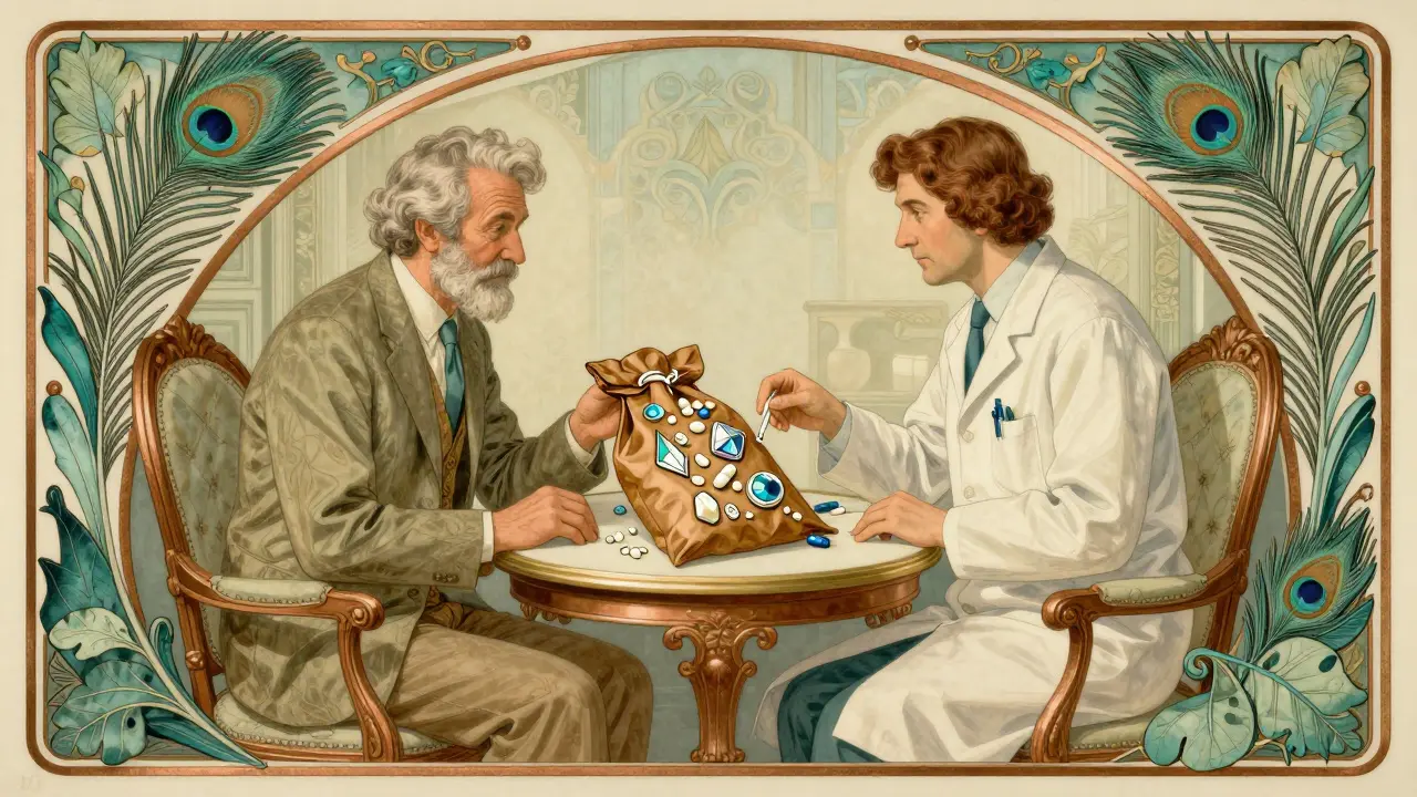 Senior and pharmacist reviewing medications in an ornate Art Nouveau setting