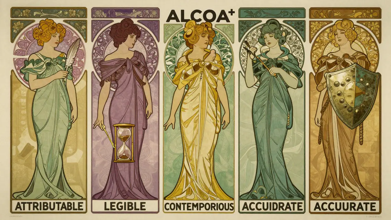 Stylized poster showing five figures representing ALCOA+ data integrity principles with symbols.