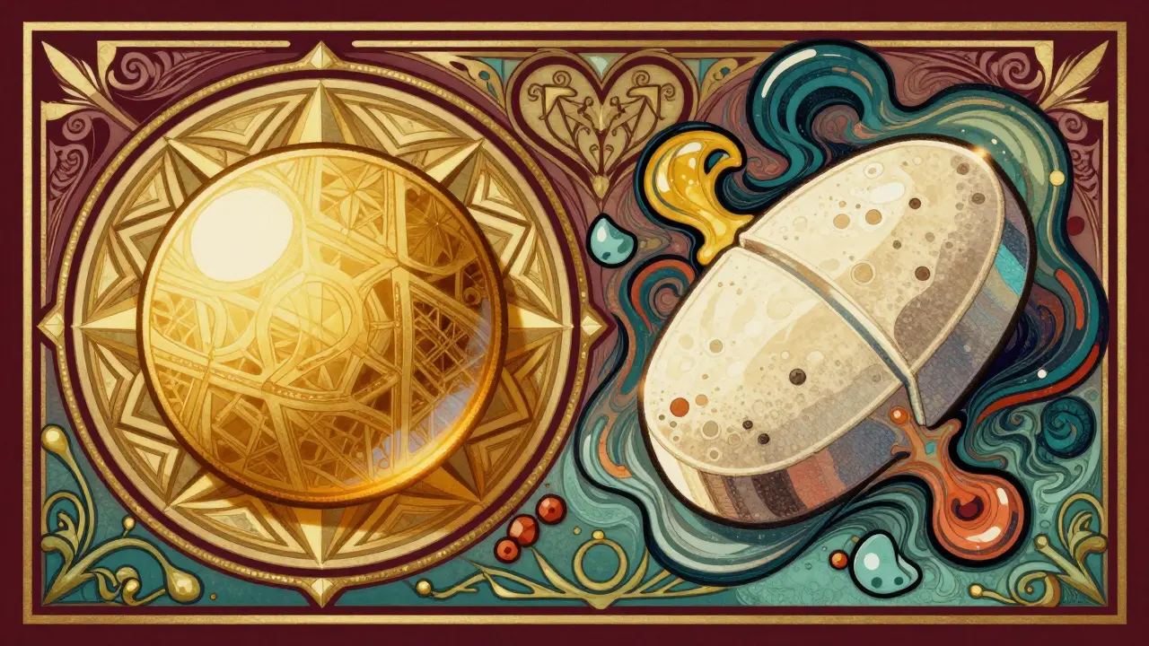 Two contrasting pills with decorative borders