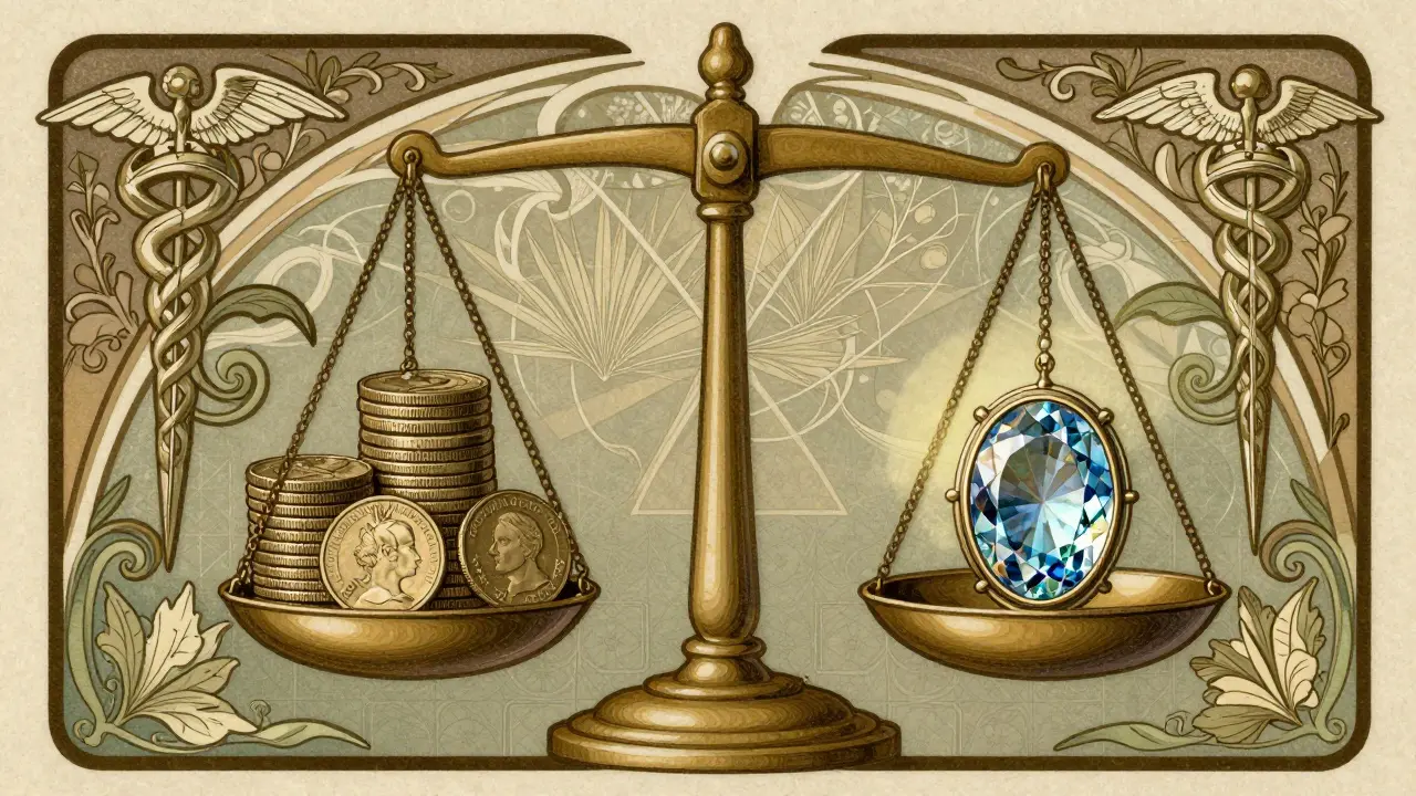Vintage scale balancing cheap coins against a precious gemstone