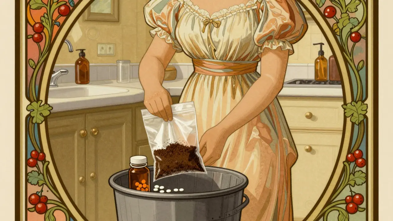 Woman disposing of expired meds safely in trash, Art Nouveau style