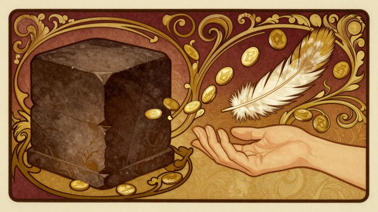 Art Nouveau metaphor showing heavy stones turning into light feathers to represent cost savings