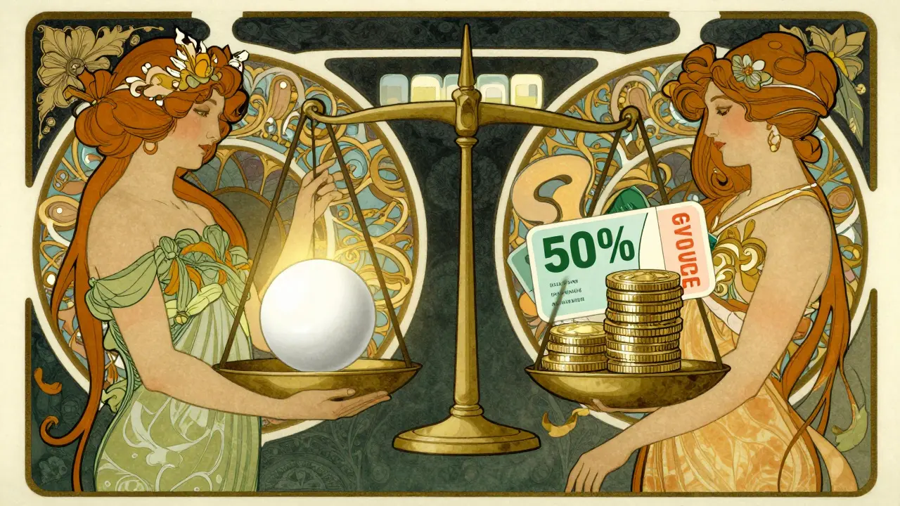 Balanced scale showing safe cost savings in Art Nouveau style