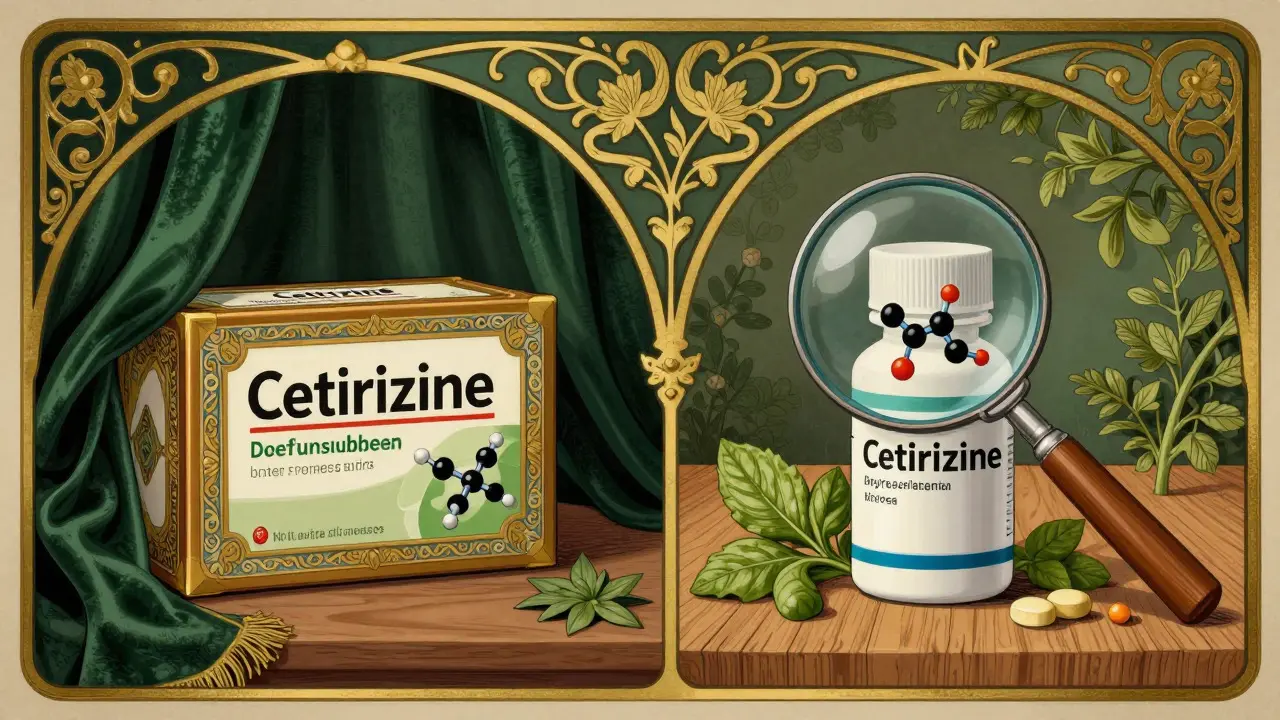 Comparison of generic vs brand name pills with magnifying glass, Art Nouveau