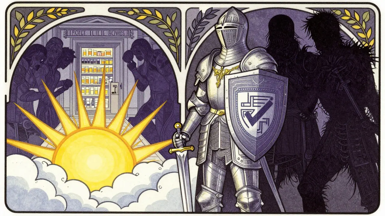 Decorative art nouveau scene showing protection against fake drugs and choosing verified pharmacies.