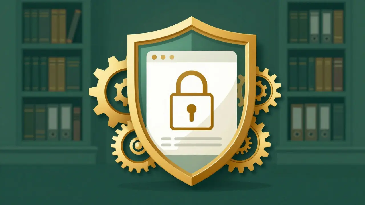 Golden shield with lock icon in Art Nouveau style, symbolizing secure online pharmacy verification.
