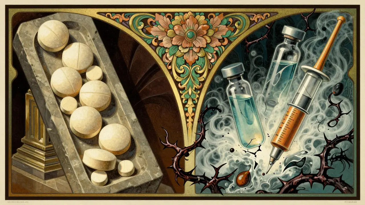 Illustration contrasting stable pills with degrading liquids