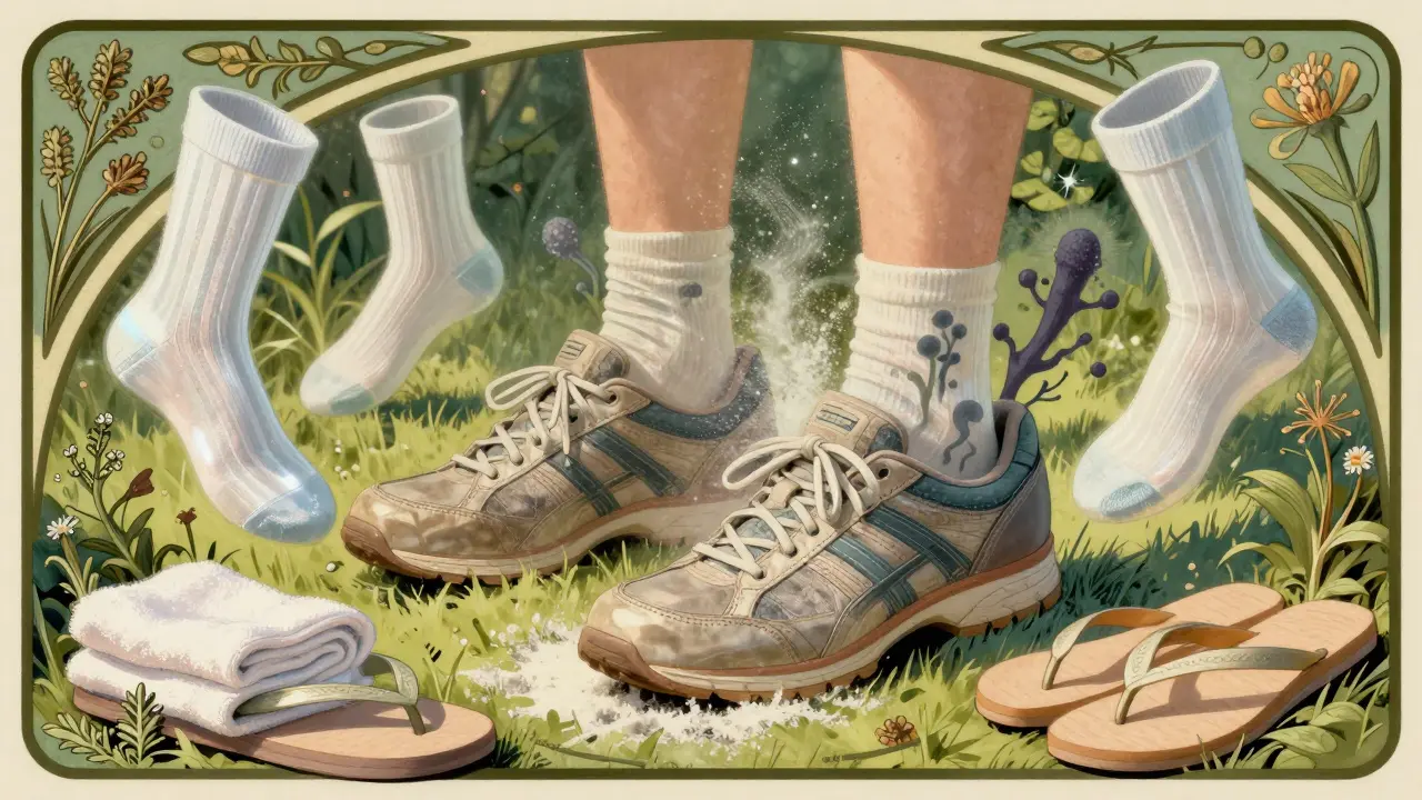 Illustration showing shoe rotation and antifungal powder for prevention