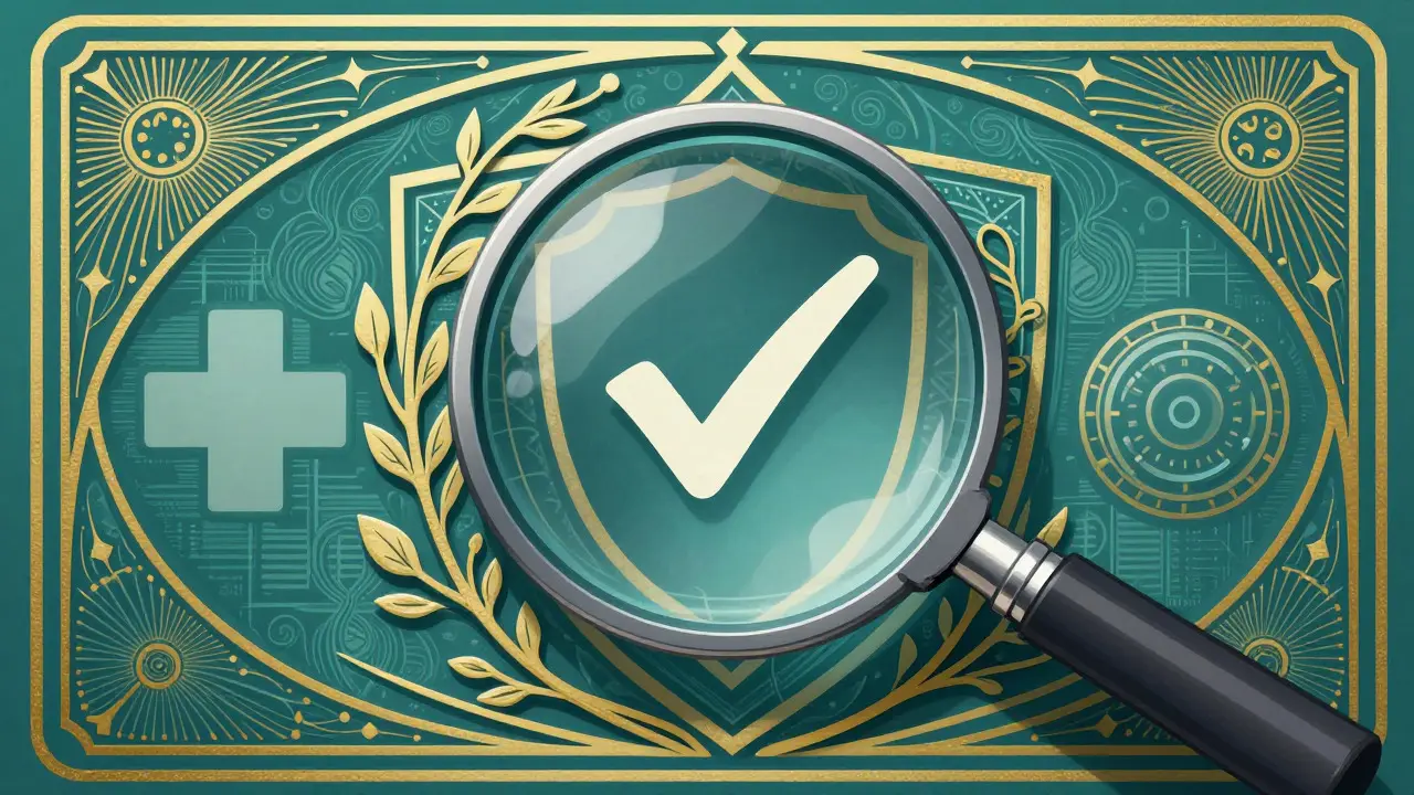 Magnifying glass inspecting safety shield emblem