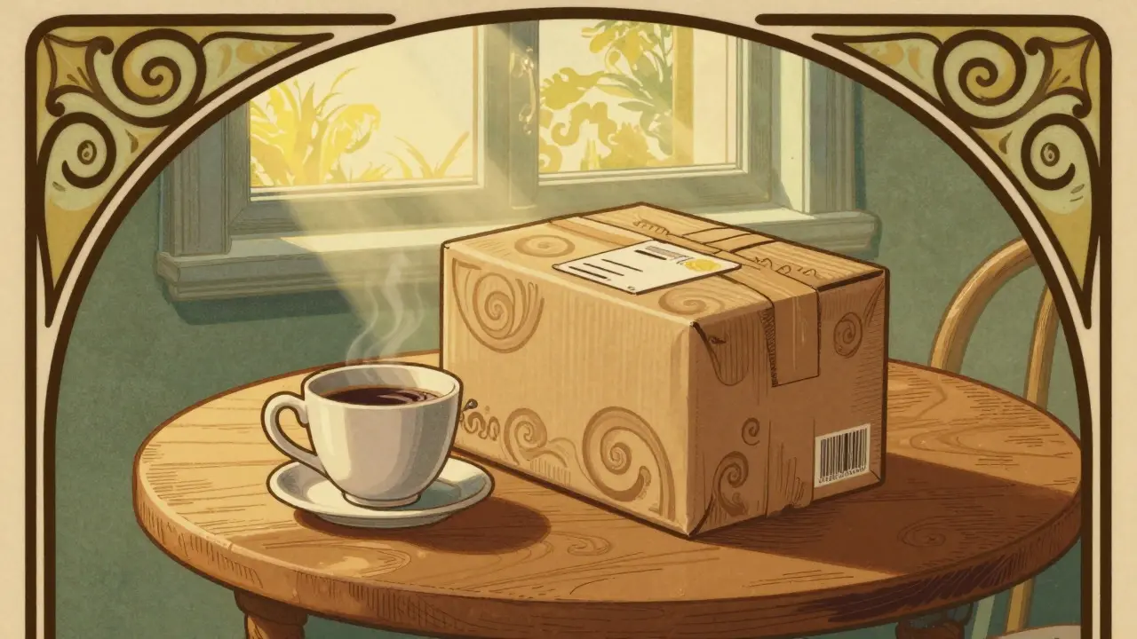 Medicine package on table next to coffee cup