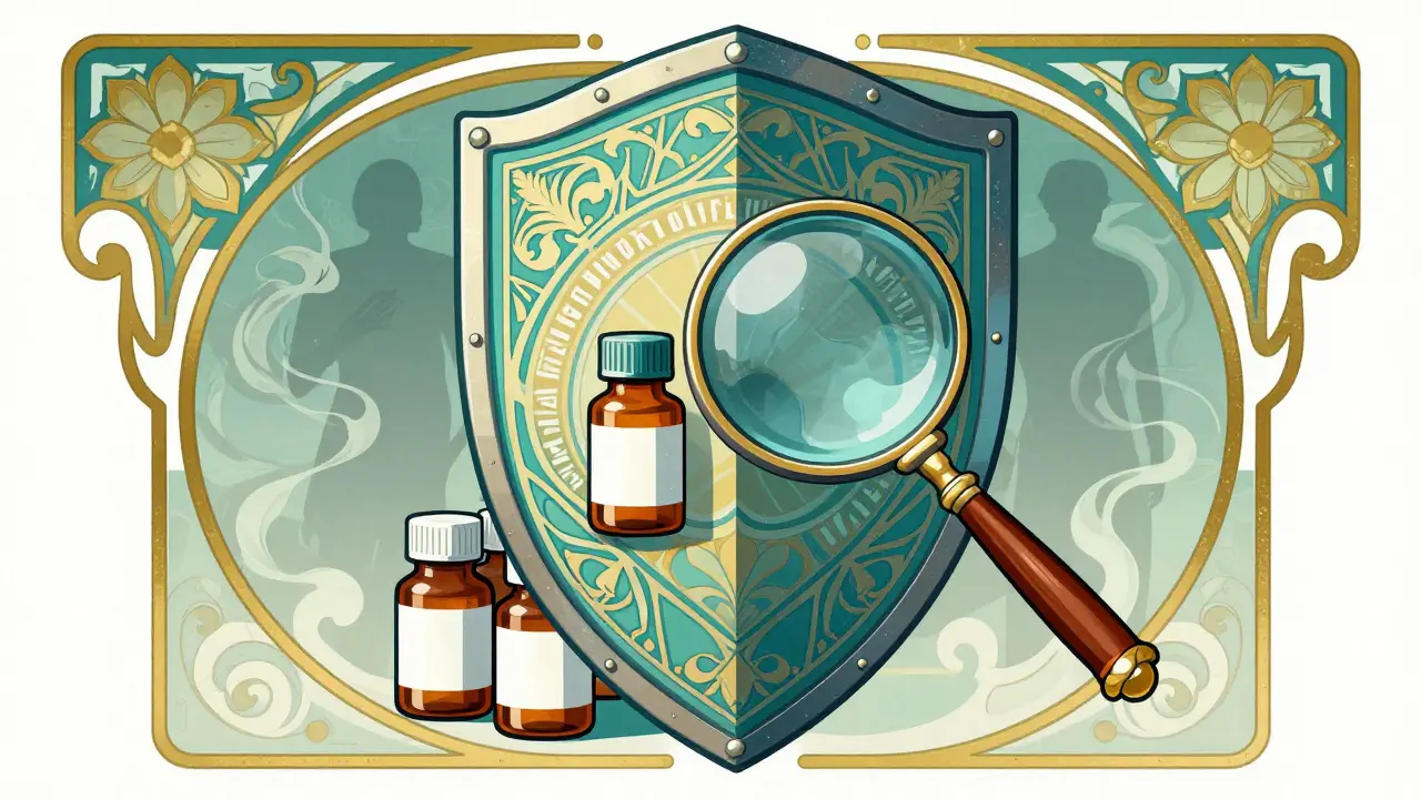 Ornate shield protecting medication bottles from shadows, symbolizing safe online pharmacy choices