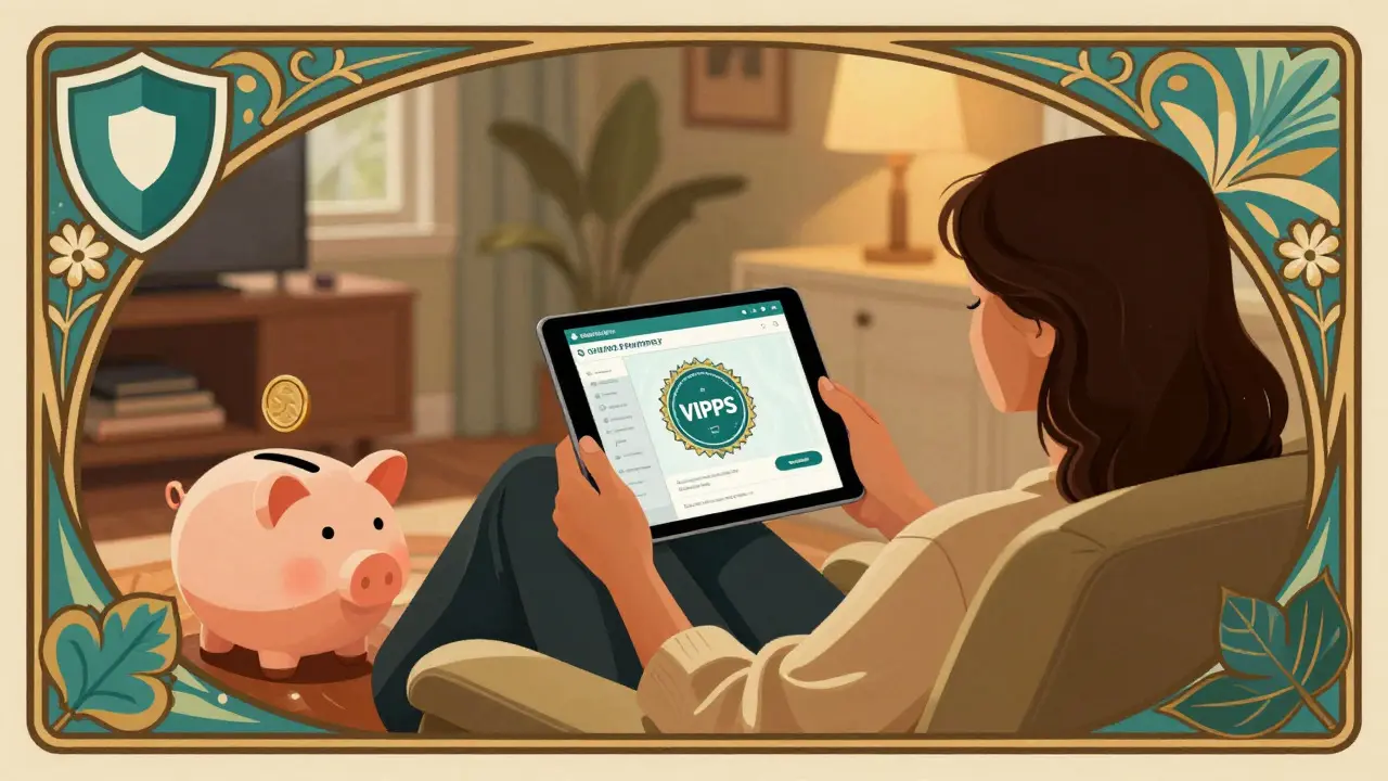 Person shopping safely online for meds with VIPPS seal, Art Nouveau style