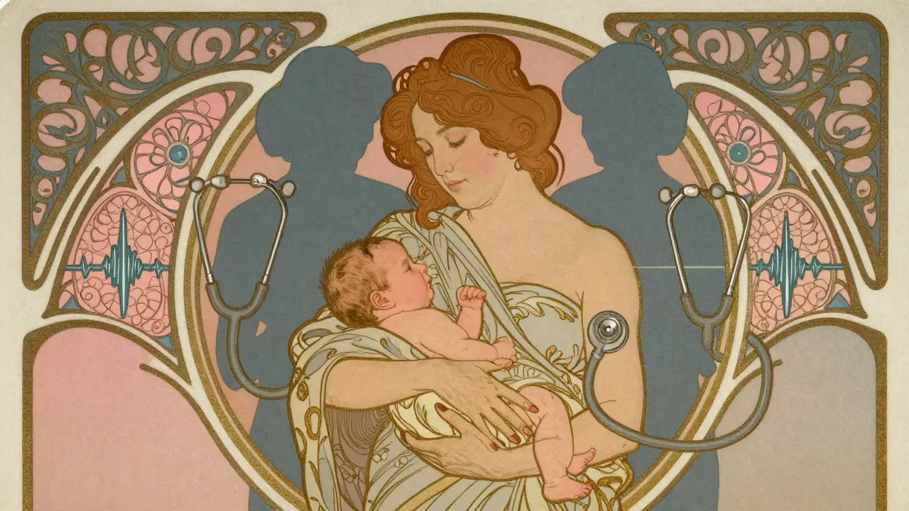 Postpartum mother with baby protected by decorative medical support elements