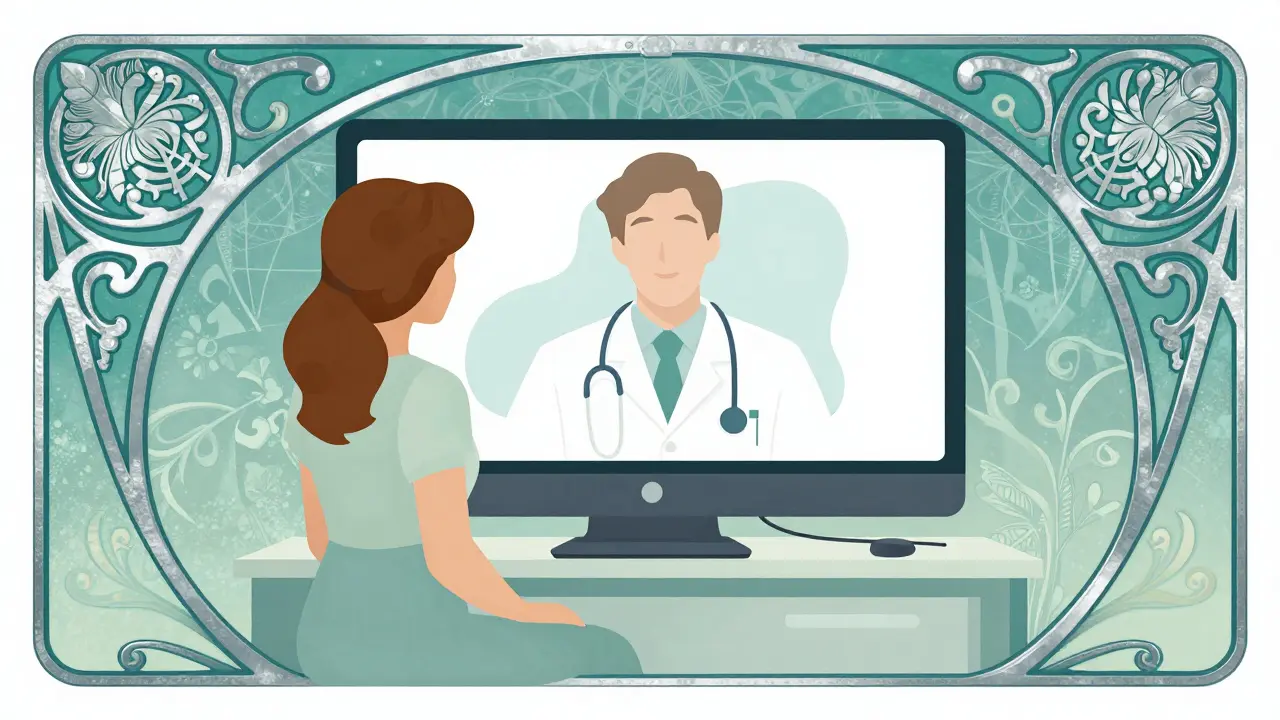 Secure telehealth consultation depicted in Art Nouveau art