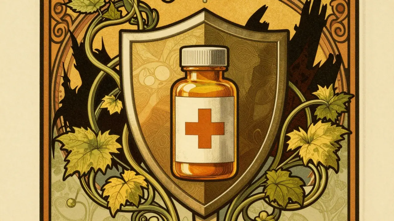 Shield protecting medication from scams in Art Nouveau style