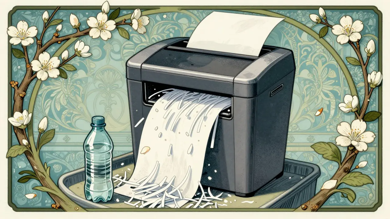 Shredder destroying labels with decorative elements