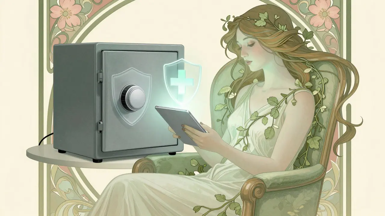 Stylized art nouveau image of a woman using a tablet for safe, verified online prescription services.