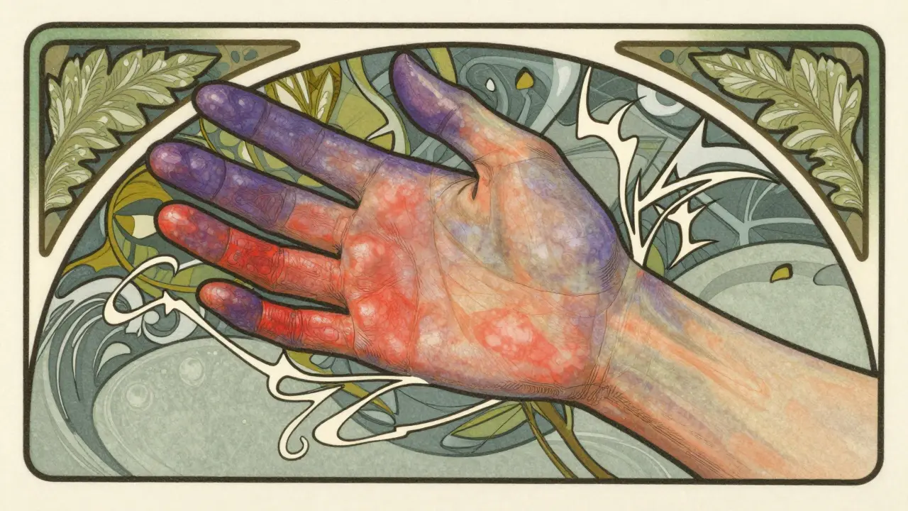 Stylized art showing discolored hand with nerve signal effects