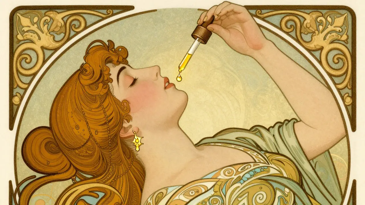 Stylized figure applying ear drops correctly