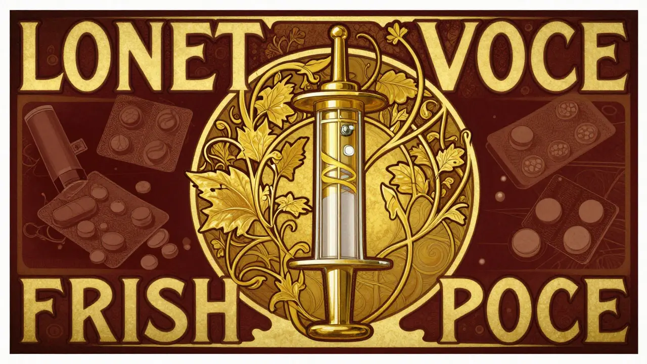 Stylized golden epinephrine injector highlighted as the primary emergency medication in an ornate design.