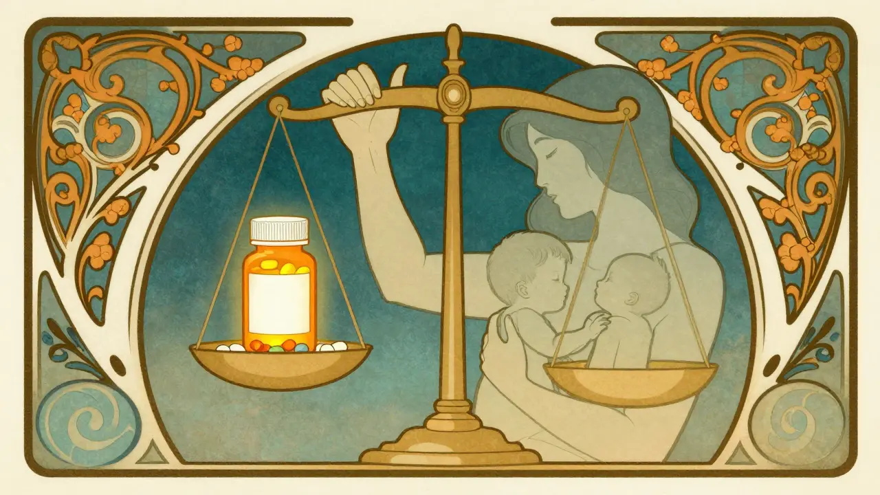 Symbolic balance scale showing medication safety and maternal mental health