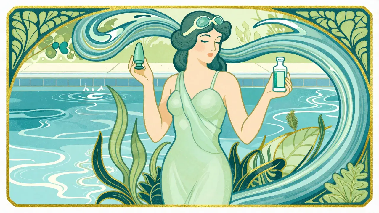 Woman holding earplugs and solution by a pool