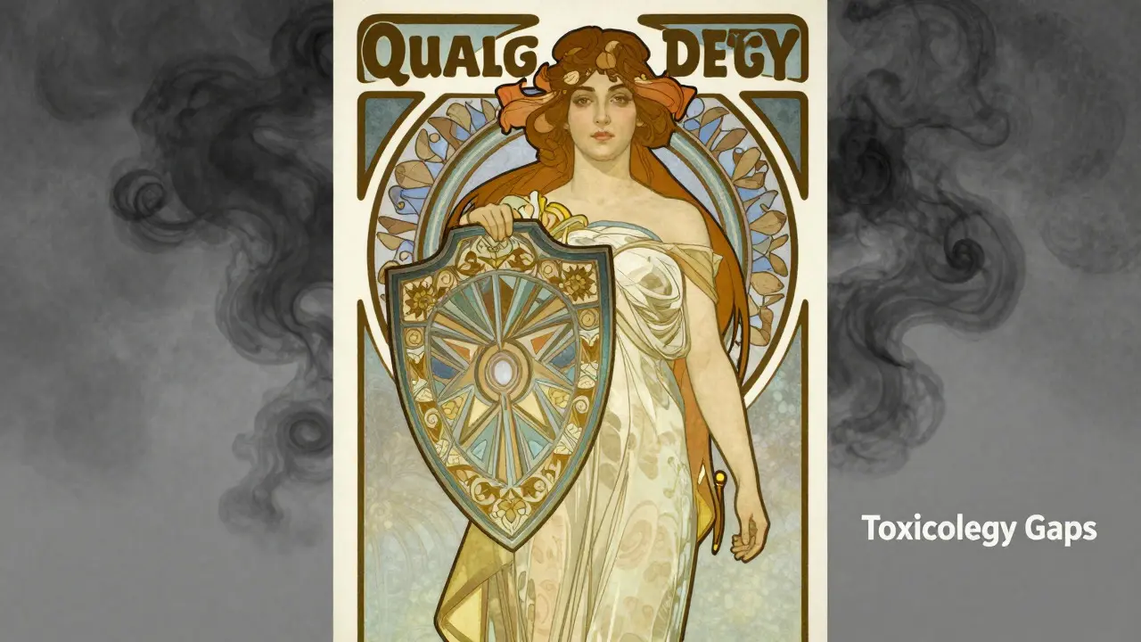 Art Nouveau figure shielding quality from shadowy impurities and toxins