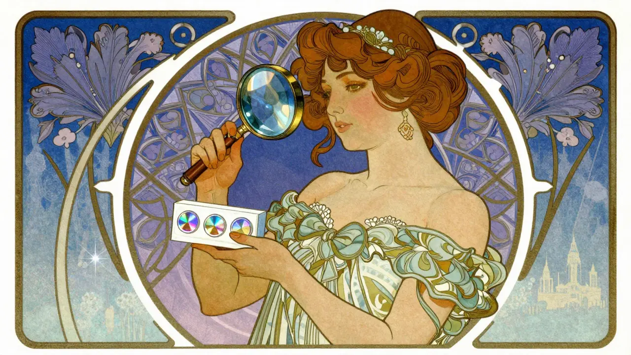 Art nouveau illustration of a figure inspecting a pill box with a magnifying glass for security seals.