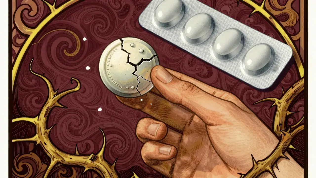 Art nouveau style close-up of a cracked, crumbling counterfeit pill surrounded by thorny vines.