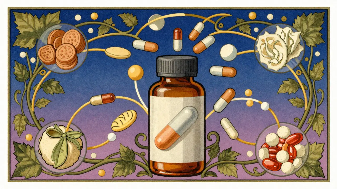Artistic depiction of medication interactions with food and supplements in Art Nouveau style