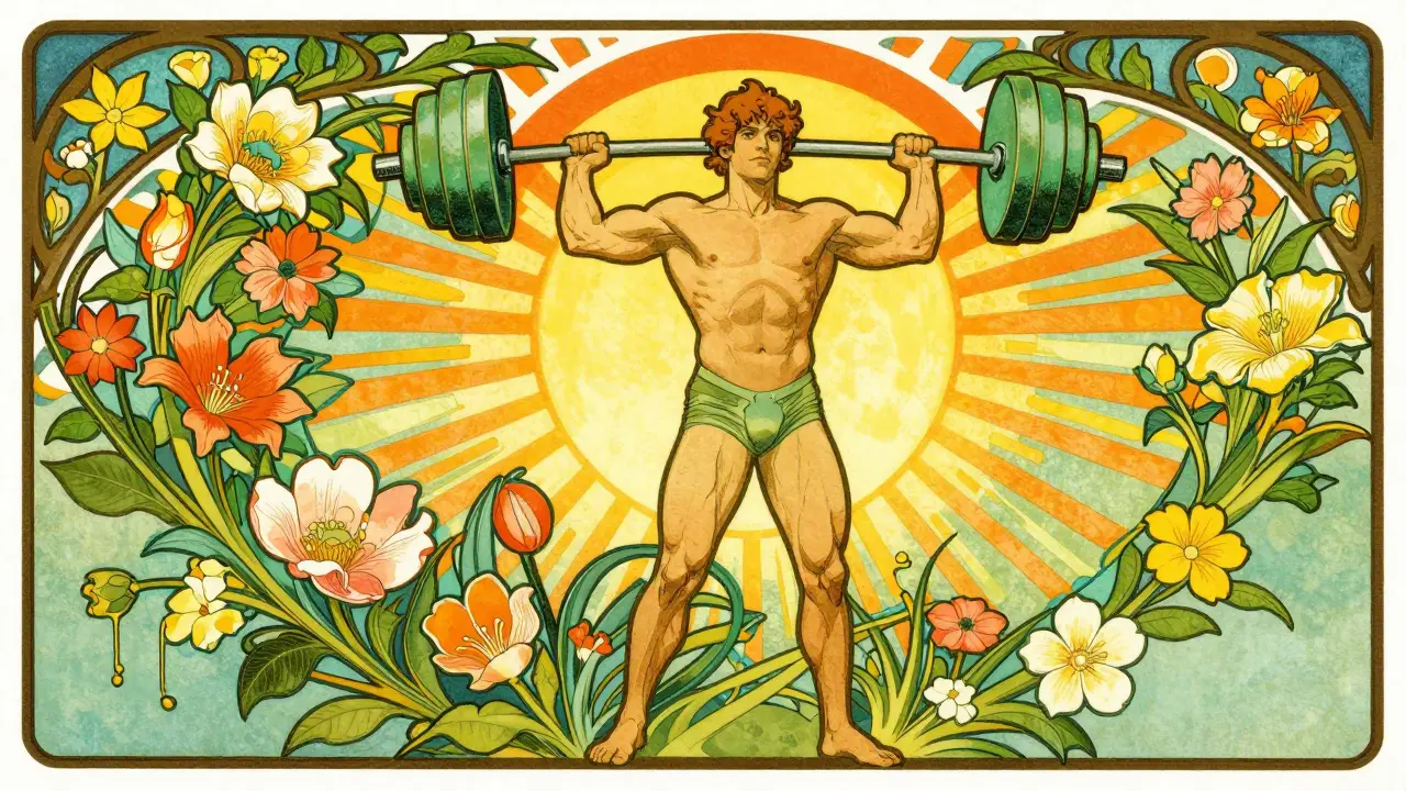 Athletic man surrounded by vibrant flowers and sunbursts in Art Nouveau style