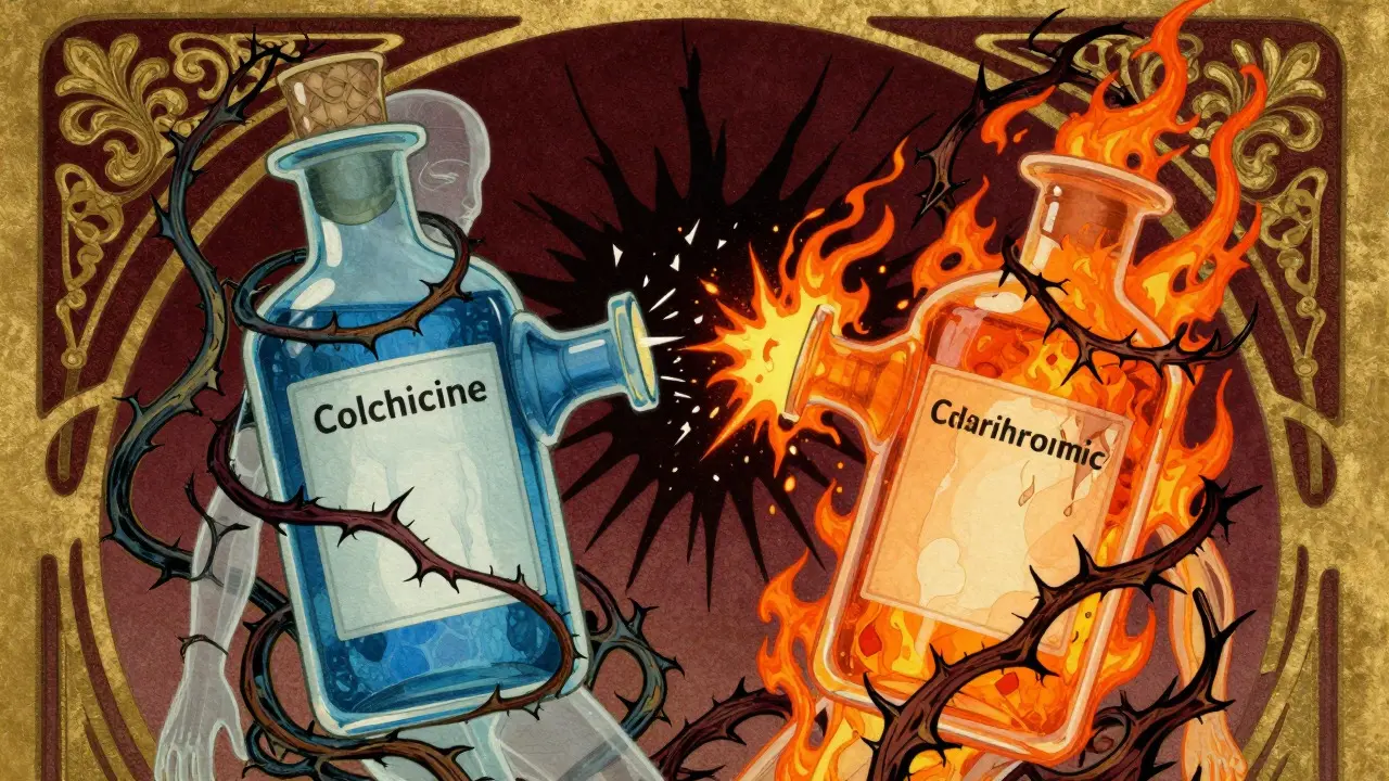 Clashing potions with thorny vines, representing toxic drug mix