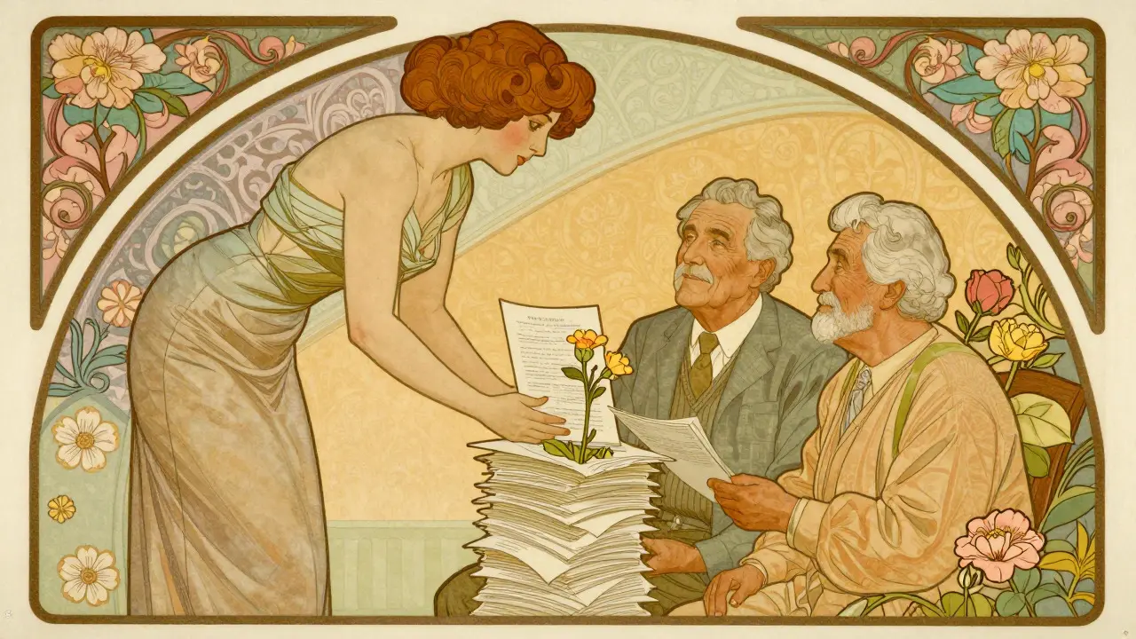 Counselor helping seniors navigate paperwork that turns into flowers