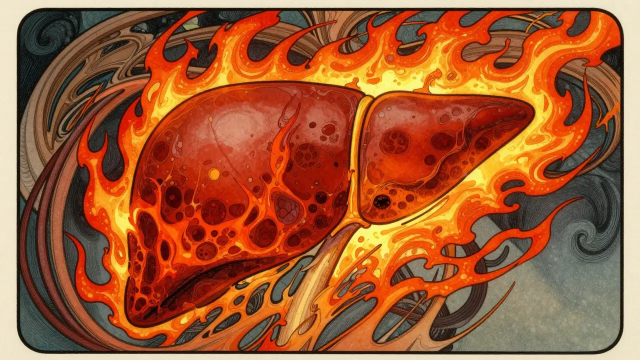 Inflamed liver depicted with fiery reds and dynamic energy swirls