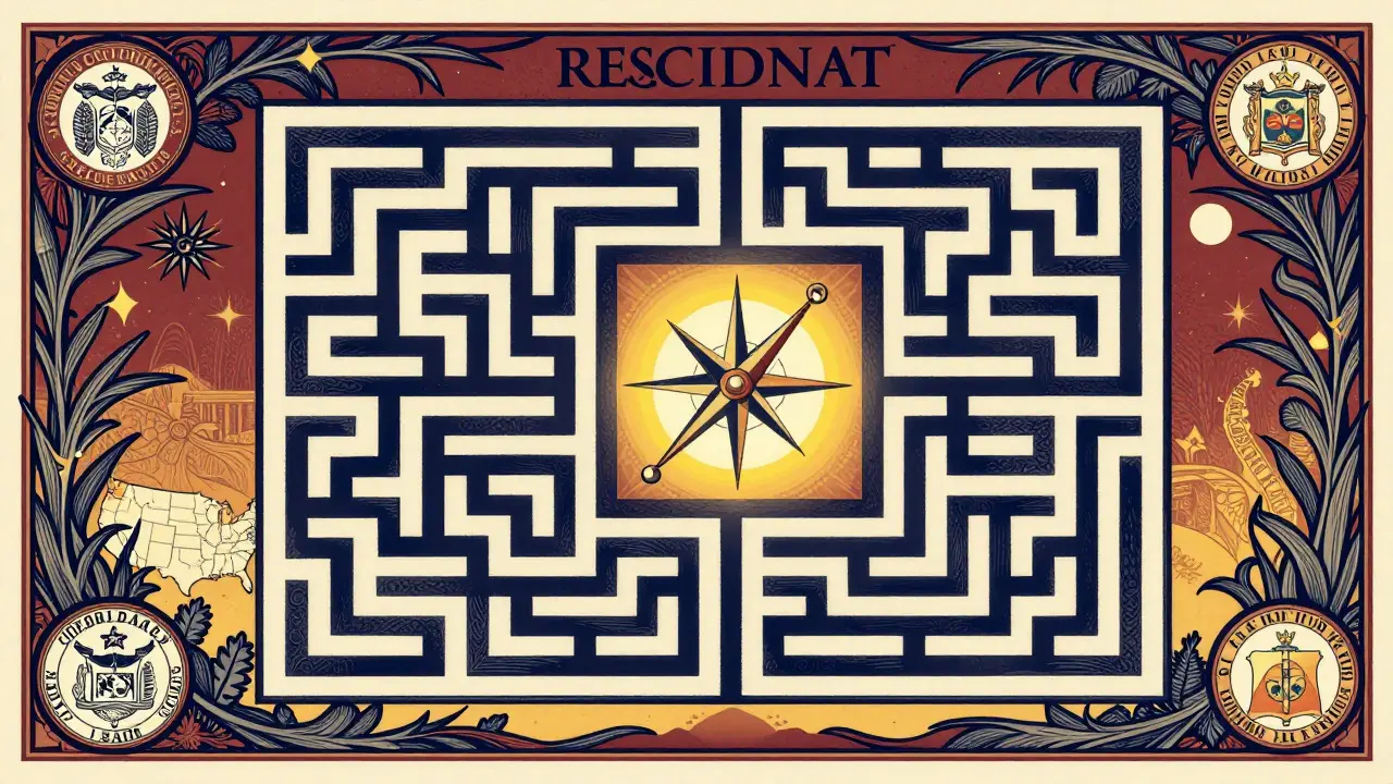 Intricate maze of healthcare programs with a compass pointing to solutions