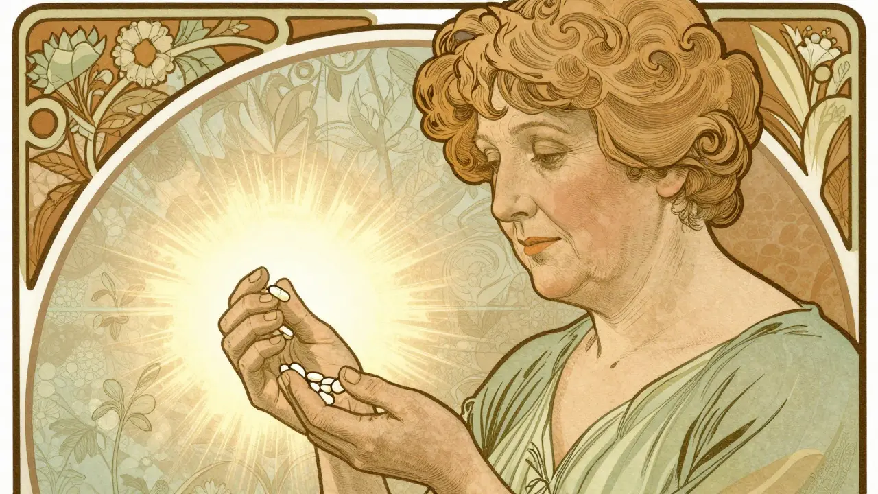 Older adult simplifying their medication routine in an Art Nouveau advertising illustration