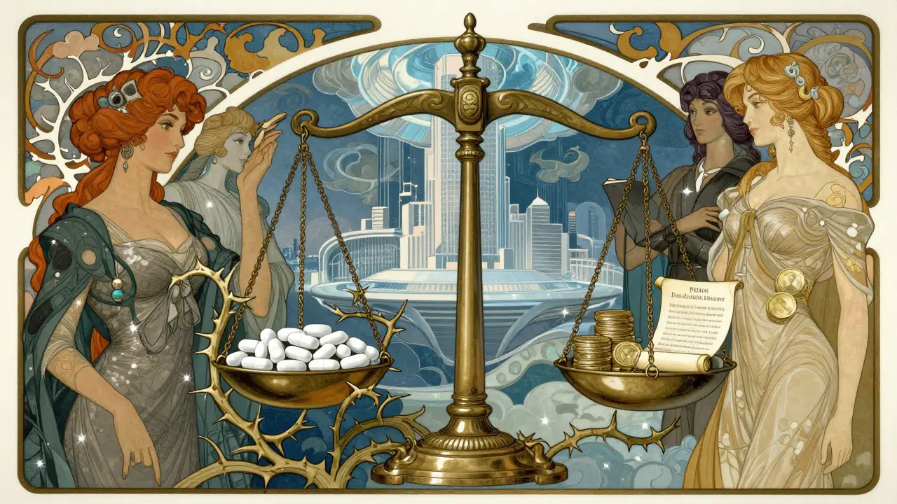 Ornate Art Nouveau scale balancing drug quality and price policy